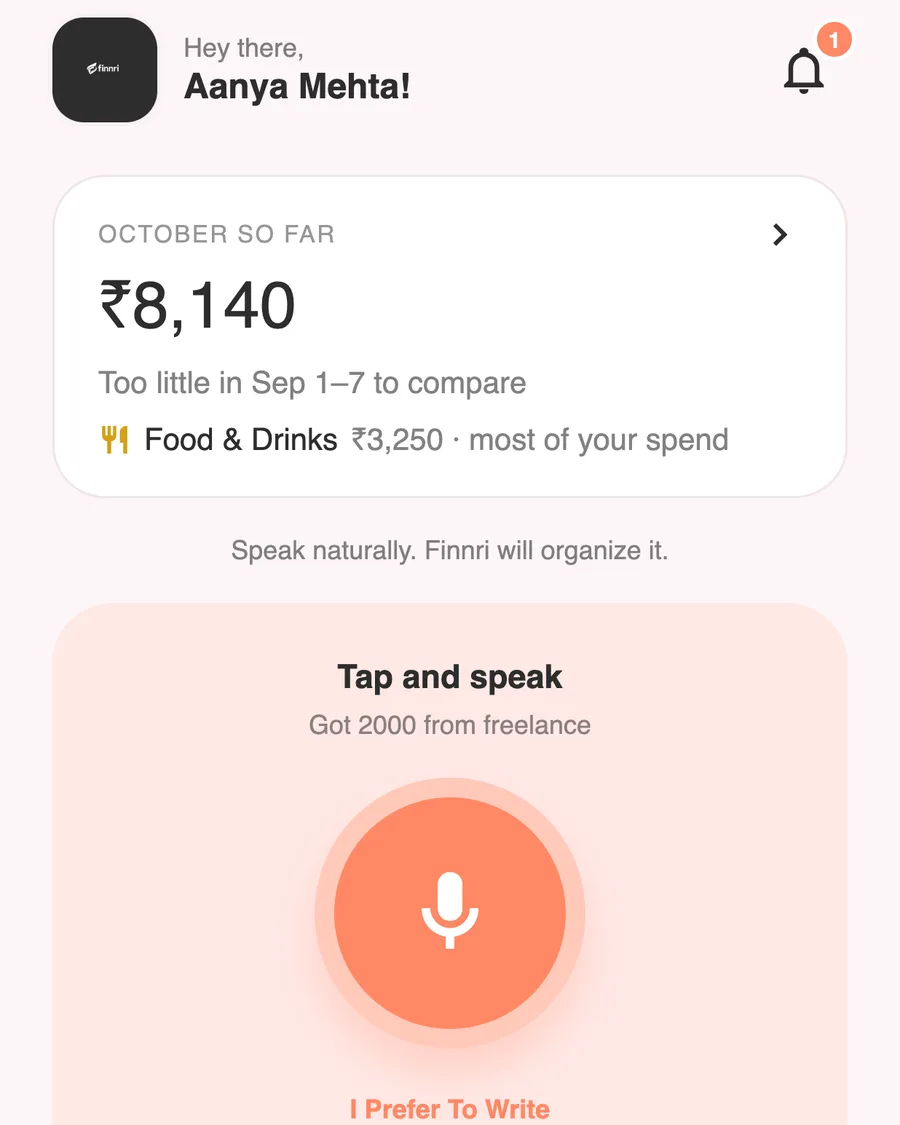Finnri's Home screen: October spending so far, ₹8,140, with Food & Drinks as the biggest category, above the tap-and-speak button for logging an expense by voice
